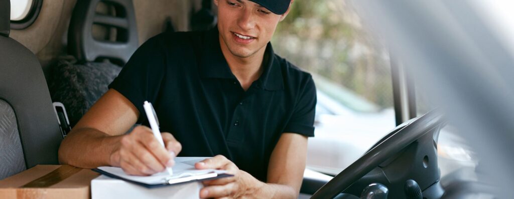 WHG Norwich Delivery driver signing for parcel